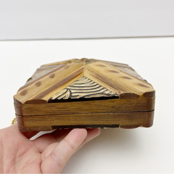 Vintage Carved Wood African Safari Zebra Pattern Minaudière Crossbody Mini Purse - Picture 4 of 8